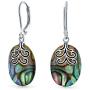 Oval Rainbow Abalone Shell Filigree Swirl Leverback Dangle Earrings For Women 925 Sterling Silver