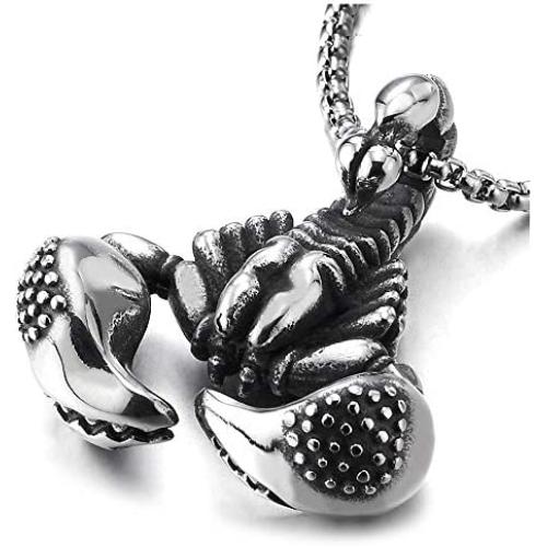 COOLSTEELANDBEYOND Gothic Vintage Mens Stainless Steel Scorpion King Claw Pendant Necklace 30 inches Wheat Chain