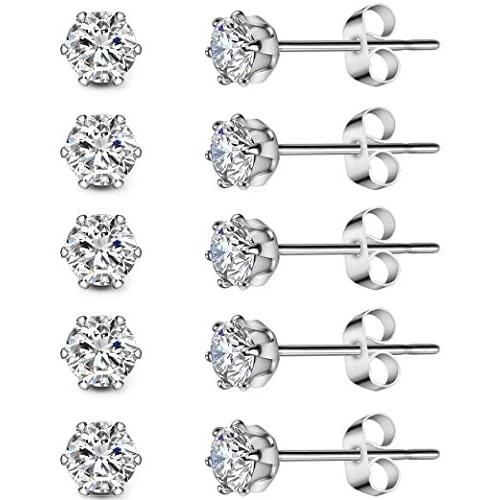 5 Pairs Stainless Steel Cubic Zirconia Stud Earrings Set for Hypoallergenic Multi-Piercing Ears of Men,Women,Boys & Girls