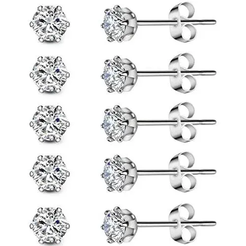 5 Pairs Stainless Steel Cubic Zirconia Stud Earrings Set for Hypoallergenic Multi-Piercing Ears of Men,Women,Boys & Girls 5 Pairs Stainless Steel Cubic Zirconia Stud Earrings Set for Hypoallergenic Multi-Piercing Ears of Men,Women,Boys & Girls