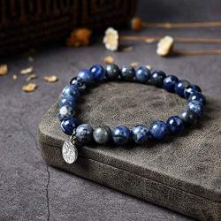 Crystal Agate Blue Sodalite Bracelet| Chakra Reiki Healing Gemstone Bangle Wristlet| Elastic Stretchy Jewelry with Round Crystal Beads for Women Girls Unisex