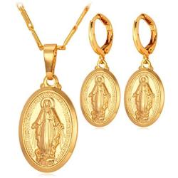 U7 Virgin Mary Jewelry Set Women Bride Wedding Platinum/Rose Gold / 18K Gold Plated Miraculous Medal Bracelet Necklace & Earrings Sets