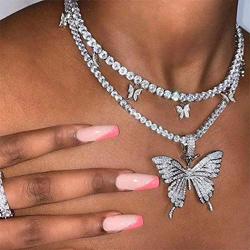 Ckecharfa Layered Rhinestone Pendant Necklace Sparkly Silver Butterfly Necklaces Chain Collar Full Crystal Choker Chains Adjustable Jewelry for Women and Girls