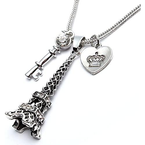 Pairs Eiffel Tower Necklace for Women Men Heart Key Pendant Silver Black/Platinum Plated Jewelry Long Chain
