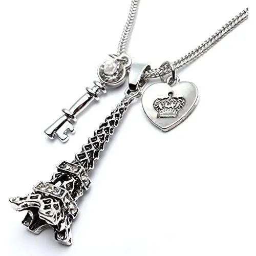 Pairs Eiffel Tower Necklace for Women Men Heart Key Pendant Silver Black/Platinum Plated Jewelry Long Chain Pairs Eiffel Tower Necklace for Women Men Heart Key Pendant Silver Black/Platinum Plated Jewelry Long Chain