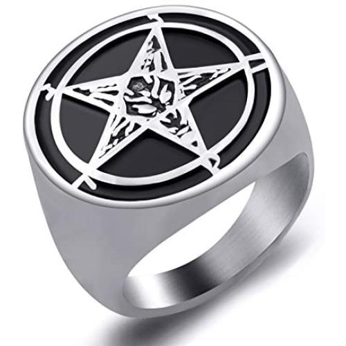 Elfasio Pentagram Satanic Baphomet Goat Rings Sulfur Leviathan Cross Satan Demon Devil Symbol Men Stainless Steel Ring Size 7-15