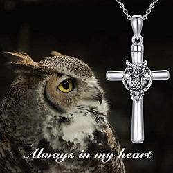 ROMANTIC WORK Owl Urn Pendant Cremation Necklace for Ashes Sterling Silver Cross Religious Jewelry Memory Gift for Women