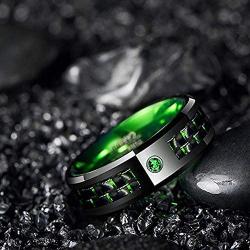 NUNCAD 8mm Black and Green Tungsten Wedding Rings for Men Women Carbon Fiber Inlay Engagement Band Green CZ Inlay Comfort Fit Size 7-12