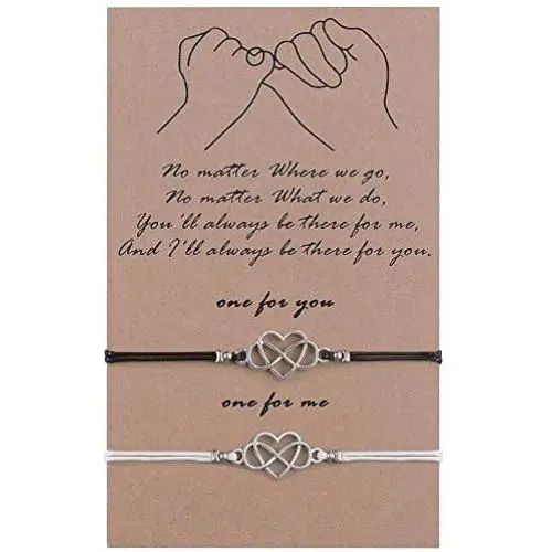 SUNSH 2Pcs Pinky Promise Heart Infinity Bracelet for Couple Women Teen Girl Boy Adjustable Black/White String with Wish Card Lover Beat Friend Family Husband Wife Boyfriend Girlfriend Friendship Gifts