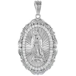 1 1/8 inch Oval Sterling Silver Cubic Zirconia Our Lady of Guadalupe Necklace Oval Micropave Halo Scrolled Frame Rhodium Finish 16-24 inch