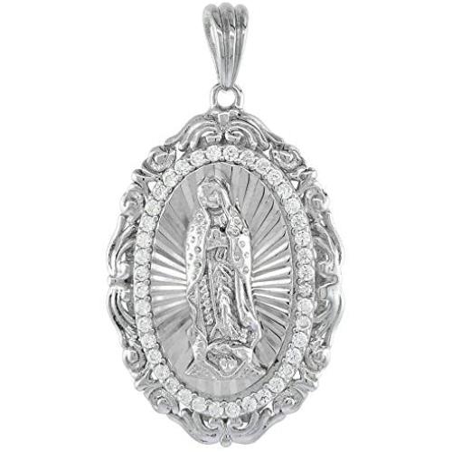 1 1/8 inch Oval Sterling Silver Cubic Zirconia Our Lady of Guadalupe Necklace Oval Micropave Halo Scrolled Frame Rhodium Finish 16-24 inch