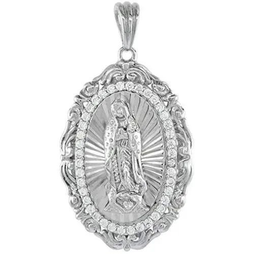 1 1/8 inch Oval Sterling Silver Cubic Zirconia Our Lady of Guadalupe Necklace Oval Micropave Halo Scrolled Frame Rhodium Finish 16-24 inch