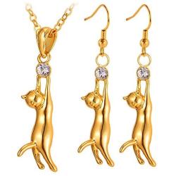 U7 Cute Cat Necklace Rhinestone with Chain Platinum/18K Gold Plated Girls Charm Smooth Collarbone Necklace