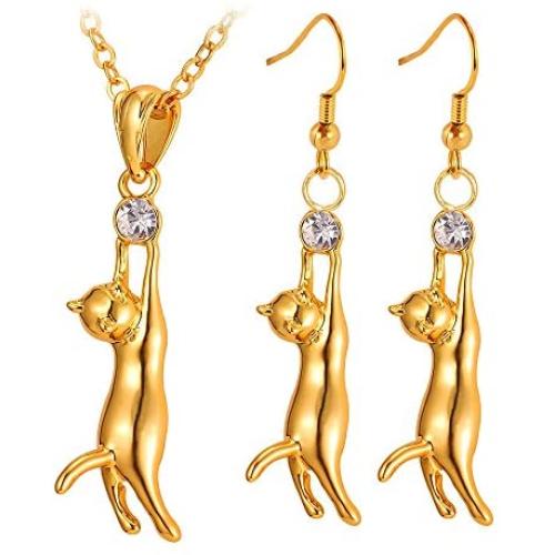 U7 Cute Cat Necklace Rhinestone with Chain Platinum/18K Gold Plated Girls Charm Smooth Collarbone Necklace