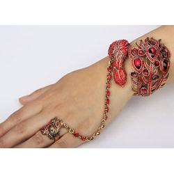 YACQ Womens Hinged Big Peacock Bracelet Slave Stretch Ring Set - Fit Wrist Size 6-1/2 to 7-1/2 Inch & Finger 7 to 9 - Lead Nickle Free - Halloween Costome Outfit