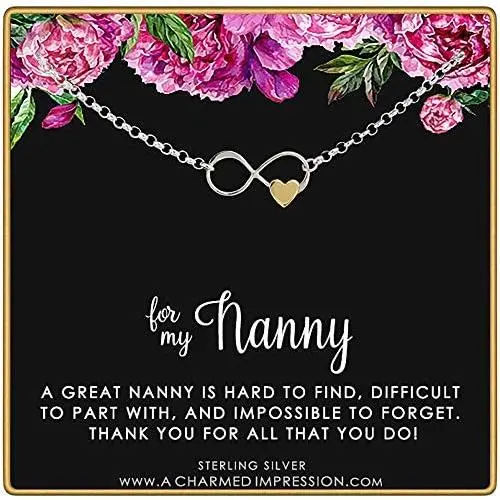 A Charmed Impression Nanny Gifts from Kids for Women • Gift for Nanny Bracelet • Sterling Silver Bracelet • Babysitter Gratitude and Appreciation Jewelry • Best Nanny Ever • Infinity Gold Heart Charm A Charmed Impression Nanny Gifts from Kids for Women • Gift for Nanny Bracelet • Sterling Silver Bracelet • Babysitter Gratitude and Appreciation Jewelry • Best Nanny Ever • Infinity Gold Heart Charm