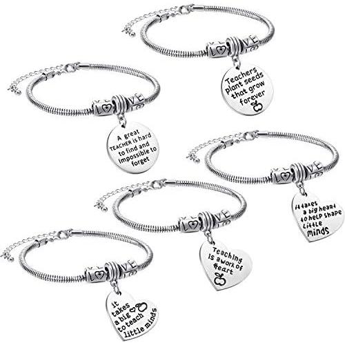 Zhanmai 5 Pieces Teacher Bracelet Jewelry Gift Adjustable Bracelets Engraved Message Metal Bracelet Bangle Gift for Women Teacher (Style C)