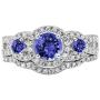 Round Gemstone & White Diamond Ladies 3 Stone Halo Bridal Engagement Ring With Matching Band Set, 14K White Gold