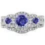 Round Gemstone & White Diamond Ladies 3 Stone Halo Bridal Engagement Ring With Matching Band Set, 14K White Gold Round Gemstone & White Diamond Ladies 3 Stone Halo Bridal Engagement Ring With Matching Band Set, 14K White Gold
