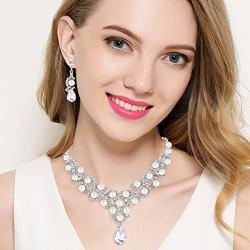 EVER FAITH Austrian Crystal Simulated Pearl Bridal Teardrop Necklace Earrings Set Clear Silver-Tone