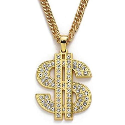 UEJUNBO Gold Chain with Dollar Sign Big Money Necklaces for Men Women,Stainless Steel Iced Out Rhinestone Jewelry,Fashion Pendants with 28 Inches Chain