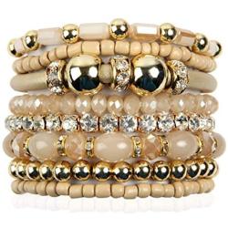 RIAH FASHION Bohemian Bead Multi Layer Versatile Statement Bracelets - Metallic Bar, Sparkly Crystal, Tassel Charm Stackable Stretch Prayer Cuff Leatherette Bangle