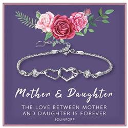 SOLINFOR Mother Daughter Bracelet - Sterling Silver Jewelry with Gift Wrapping, Card - Gifts for Mom, Daughter, Birthday, Mothers Day - Two Interlocking Hearts Bracelet for Women