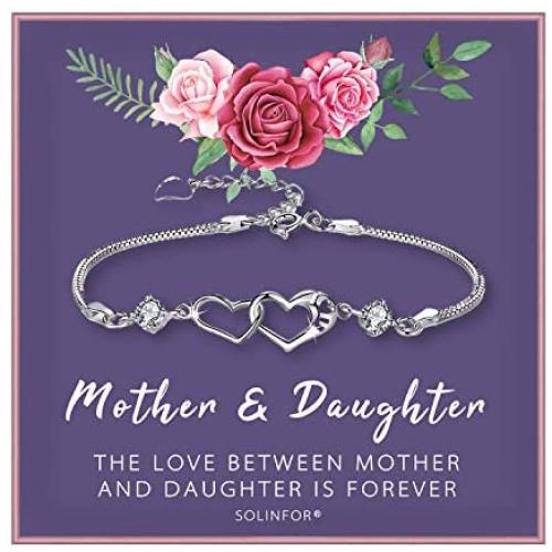 SOLINFOR Mother Daughter Bracelet - Sterling Silver Jewelry with Gift Wrapping, Card - Gifts for Mom, Daughter, Birthday, Mothers Day - Two Interlocking Hearts Bracelet for Women