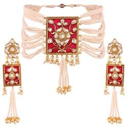 I Jewels Gold Plated Indian Bollywood Padmavati Pearl & Kundan Necklace with Earrings for Women (ML118)