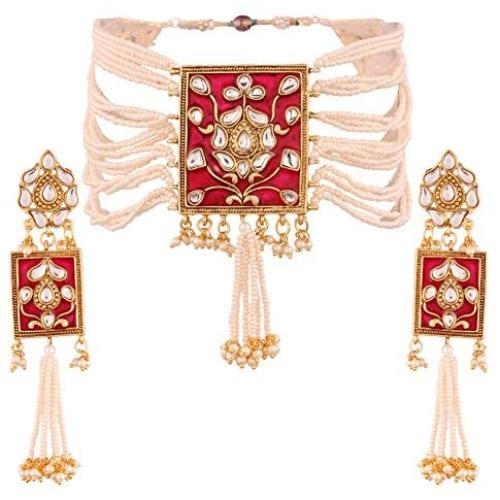 I Jewels Gold Plated Indian Bollywood Padmavati Pearl & Kundan Necklace with Earrings for Women (ML118)
