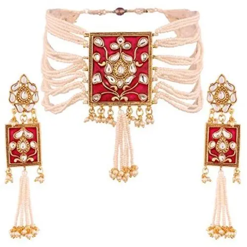 I Jewels Gold Plated Indian Bollywood Padmavati Pearl & Kundan Necklace with Earrings for Women (ML118)