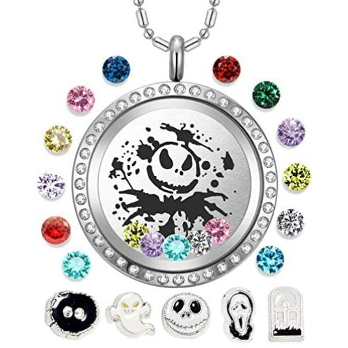 AZNECK 30mm Jack Skull Nightmare Before Christmas Floating Charms Necklaces Living Memory Halloween Locket Pendant Gifts for Women Girls Men Boys Birthstone Jewelry