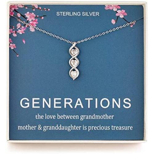 Generations Necklace - Sterling Silver Three Hearts Infinity Gene Necklace for Grandma Mom Granddaughter, Birthday Jewelry Mothers Day Gift