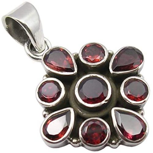 SilverStarJewel Natural Red Drop, Round Garnet Pendant 1.3'' 925 Sterling Silver Ladies Stone