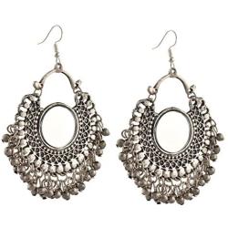 Zephyrr Fashion German Silver Afghani Dangler Hook Chandbali Earrings Mirrors For Girls and Women