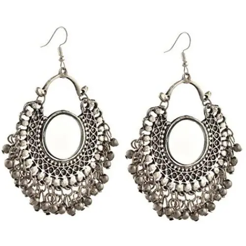 Zephyrr Fashion German Silver Afghani Dangler Hook Chandbali Earrings Mirrors For Girls and Women Zephyrr Fashion German Silver Afghani Dangler Hook Chandbali Earrings Mirrors For Girls and Women