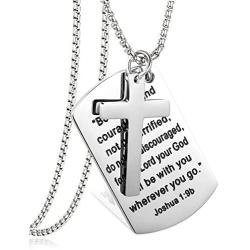 LOYALLOOK Stainless Steel Dog Tags Cross Necklaces Inspirational Jewelry Gift for Daughter Men Bible Prayer Joshua 1:9b
