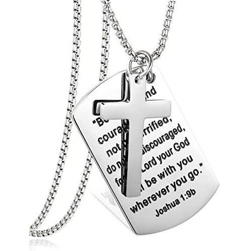 LOYALLOOK Stainless Steel Dog Tags Cross Necklaces Inspirational Jewelry Gift for Daughter Men Bible Prayer Joshua 1:9b