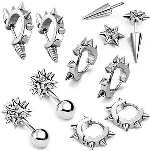 Aroncent 10 PCS Stainless Steel Men Women Ear Stud Earring Huggies Piercing Spike Rivet Cone Taper Silver
