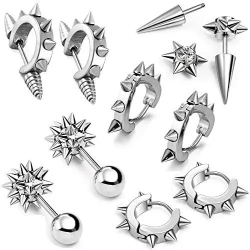 Aroncent 10 PCS Stainless Steel Men Women Ear Stud Earring Huggies Piercing Spike Rivet Cone Taper Silver Aroncent 10 PCS Stainless Steel Men Women Ear Stud Earring Huggies Piercing Spike Rivet Cone Taper Silver