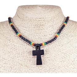 BlueRica Wood Ankh Cross of Life Pendant on Rasta Coconut Beads Necklace