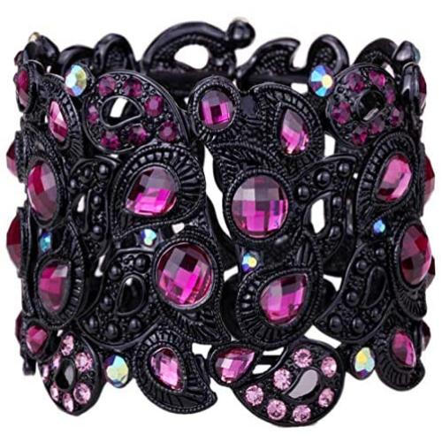 YACQ Womens Flower Stretch Cuff Bracelet fit Wrist Size 6-1/2 to 7-1/2 Inch - Comfortable Elastic Band & Floral Pattern Crystal Jewelry - Lead & Nickle Free - Halloween Costume Outfit