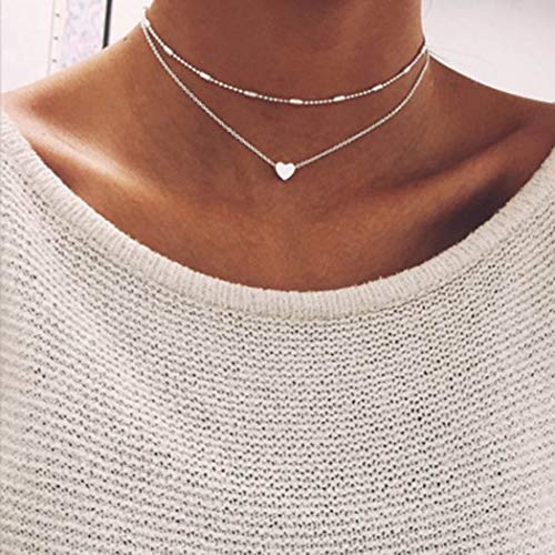 Haloty Boho Choker Necklace Short Love Pendant Necklaces Chain Jewelry for Women and Girls (Silver)