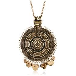 Ethnic Antique Gold Silver Big Round Multicircle Carving CZ Bohemian Pendant Long Sweater Necklace
