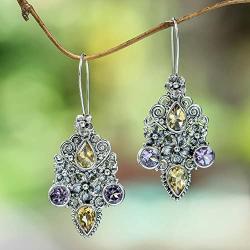 NOVICA Citrine Amethyst .925 Sterling Silver Floral Dangle Hook Earrings, Secret Garden