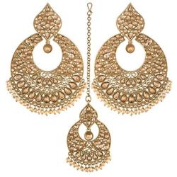 I Jewels 18K Gold Plated Traditional Handcrafted Chandbali Earrings Set with Maang Tikka Encased with Faux Kundan & Pearl for Women/Girls (TE2802FL)