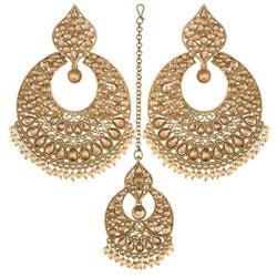 I Jewels 18K Gold Plated Traditional Handcrafted Chandbali Earrings Set with Maang Tikka Encased with Faux Kundan & Pearl for Women/Girls (TE2802FL)