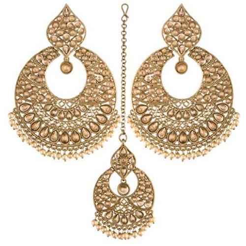I Jewels 18K Gold Plated Traditional Handcrafted Chandbali Earrings Set with Maang Tikka Encased with Faux Kundan & Pearl for Women/Girls (TE2802FL)