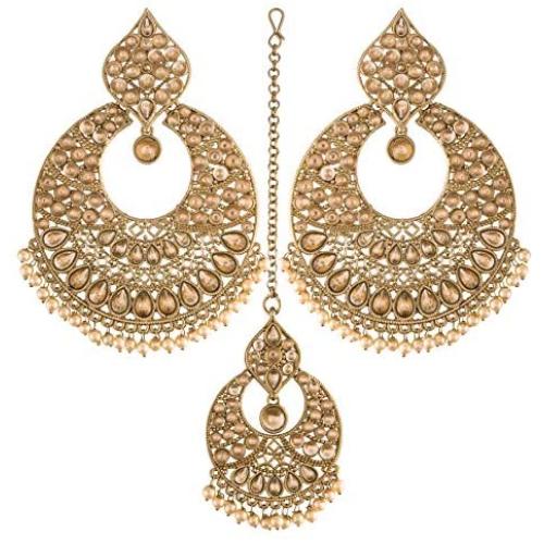 I Jewels 18K Gold Plated Traditional Handcrafted Chandbali Earrings Set with Maang Tikka Encased with Faux Kundan & Pearl for Women/Girls (TE2802FL)