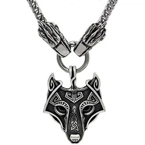 3D Wolf Head Viking Wolf Pendant NECKLACE - Stainless Steel Chain Steampunk With Mjolnir Scandinavian Pagan Fenrir Nordic